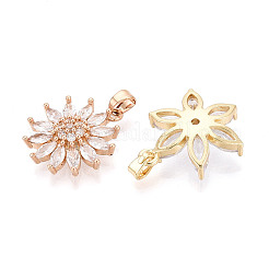 キュービックジルコニアペンダント付き真鍮  花  ゴールドカラー  透明  19.5~23.5x16~21x4.5~5.5mm  穴：4~4.5x2.5~3mm&nbsp;KK-T072-50G