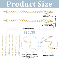 長持ちするメッキ真鍮チェーンエクステンダー30個  カニカンとボールチープ付き  18KGP本金メッキ  12x7x3mm  穴：3.5mm  チェーンの長さ：65mm  リング：5x1mm&nbsp;KK-BM0001-07