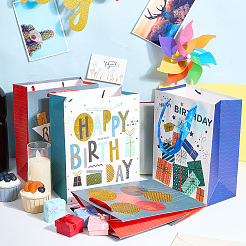 4Pcs 4 Styles Birthday Theme Printed Rectangle Paper Bags with Ribbon Handle&nbsp;ABAG-SP0001-20