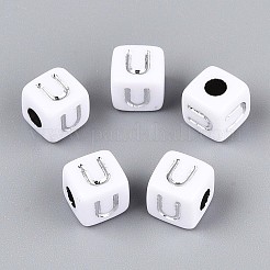 不透明なアクリルビーズ  文字付きのキューブ  シルバーライン入り  U字  9~10x9~10x9~10mm  穴：4mm  約625個/500g&nbsp;SACR-T035-03U
