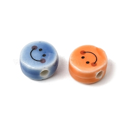 印刷された手作りの磁器のビーズ  笑顔とフラットラウンド  ミックスカラー  11.5x7mm  穴：2mm&nbsp;PR-CBA64B6-04