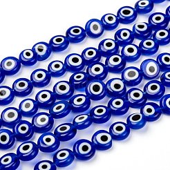 Handmade Evil Eye Lampwork Flat Round Beads Strands&nbsp;LAMP-SZ0001-01B