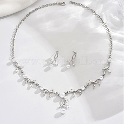Leaf Brass Crystal Rhinestone & Plastic Pearl Pendant Necklaces & Stud Dangle Earrings Sets&nbsp;FS-WGAF044-02