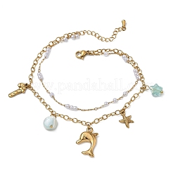 Summer Beach 304 Stainless Steel & Plastic Pearl & Gemstone Dolphin Starfish Charm Double Layer Anklets for Women&nbsp;AJEW-K054-06G