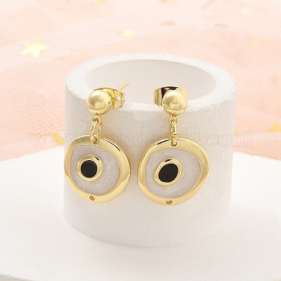 Real 18K Gold Plated Brass Enamel Dangle Stud Earrings Findings, Cadmium  Free Lead Free, Evil Eye(Left or Right Random Delivery), White, 