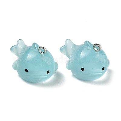 蓄光樹脂チャーム  鉄ループ付き  魚  淡いターコイズ  26x19.5x16mm  穴：2mm&nbsp;RESI-R452-01B-1