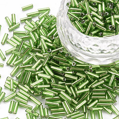 Plated Glass Bugle Beads, Metallic Colours, Lime, 6~7x2mm, Hole: 1mm, about 10000pcs/Pound