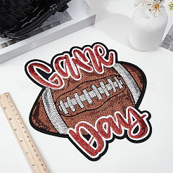 スポーツテーマのスパンコール刺繍アイロン接着/縫い付けパッチ  マスクと衣装のアクセサリー  パイルレットアップリケ  ラグビーと「良い試合」  ココナッツブラウン  245x258x1.5mm&nbsp;PATC-GF0001-94B