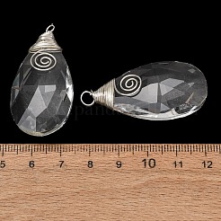 ワイヤーで包まれた透明なガラスのペンダント  多面カット  ティアドロップ  銀  透明  45x22x12.5mm  穴：4mm&nbsp;PALLOY-JF01828