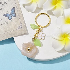 花のアクリル天然石風ペンダントキーホルダー  合金エナメルチャームと鉄分割キーリング付き  ベージュ  8cm&nbsp;KEYC-JKC00692-03