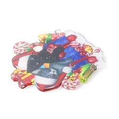 クリスマス猫の形のアクリルペンダント装飾  ナイロンロープと鉄のベル付き  車のバックミラー吊り飾り用  ボックス  77x74x4mm  穴：3mm&nbsp;HJEW-E007-01G-02