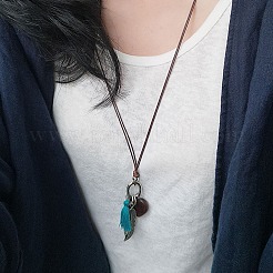 Boho Alloy Feather & Wood Heart Tassel Pendant Cotton Cord Necklaces for Women&nbsp;WG12080-01