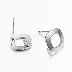 変色しない304ステンレススチールスタッドピアス金具  カン付き  正方形  ステンレス鋼色  ピン：0.8mm  9.5x9.5x1mm  穴：2mm&nbsp;STAS-I071-15P