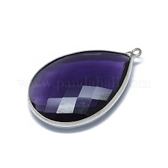 ガラスチャーム  真鍮パーツ  ティアドロップ  プラチナ  ミックスカラー  40x26x6.5mm  穴：1.8mm&nbsp;G-E526-16