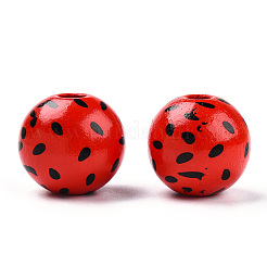 プリントされた天然木製フルーツビーズ  スイカの種が入った丸い  レッド  16x14.5mm  穴：3.5mm&nbsp;WOOD-T021-105