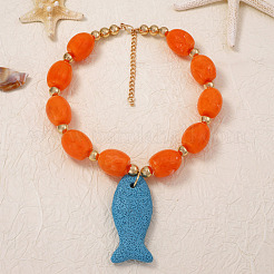 Bohemian Dyed Natural Lava Rock Dodger Blue Fish Shaped Pendant Resin Barrel Beaded Necklaces with Alloy End Chains for Women&nbsp;WGC0D2D-01