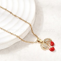 Brass Micro Pave Clear Cubic Zirconia Enamel Red Cherry Pendant 304 Stainless Steel Cable Chain Necklaces for Women&nbsp;NJEW-H092-04G