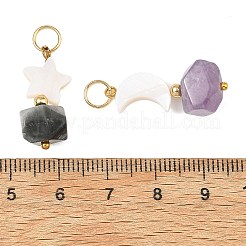 2個 2種類のファセットカット天然石と貝殻のペンダント  月と星のチャーム、304ステンレススチール製オープン丸カン付き  ゴールドカラー  22.5~25x12~14x12~14mm  穴：4.5mm  約1個/スタイル&nbsp;PALLOY-JF06050