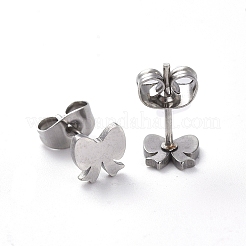変色しにくい304ステンレススチールスタッドピアス  低刺激性のイヤリング  蝶結び  ステンレス鋼色  6x6.5mm  ピン：0.7mm  12のペア/ボード&nbsp;EJEW-H368-30P