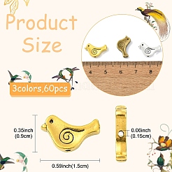 60個3色チベット風合金ビーズ  カドミウムフリー＆鉛フリー  鳥  ミックスカラー  9x15x2.5mm  穴：1.5mm  20個/カラー&nbsp;FIND-YW0010-70