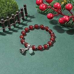 Natural Red Agate Carnelian(Dyed & Heated) & Green Aventurine Stretch Bracelet with Alloy Christmas Tree Charm&nbsp;BJEW-TA00124