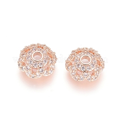 真鍮製マイクロパヴェキュービックジルコニアビーズキャップ  カドミウムフリー＆鉛フリー  6花びら  花  透明  ローズゴールド  8x3mm  穴：1.5mm&nbsp;ZIRC-E163-25A-RG