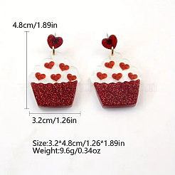 バレンタインデーのアクリルダングルスタッドピアス  心のケーキ  ゴールドカラー  暗い蘭  32x48mm&nbsp;WG39657-02