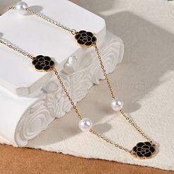 Ion Plating(IP) 304 Stainless Steel Black Enamel Flower Pendant Necklaces for Women&nbsp;NJEW-M078-09G