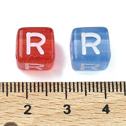 スプレー塗装透明アクリルビーズ  文字付きのキューブ  ミックスカラー  文字r  9.5x9.5x10mm  穴：3.8mm  約570個/500g&nbsp;MACR-K365-07R