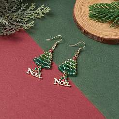 ガラスビーズ編み込みツリーダングルイヤリング  合金エナメルノエルクリスマスロングドロップイヤリング女性用  カラフル  60.5mm  ピン：0.7mm&nbsp;EJEW-TA00213