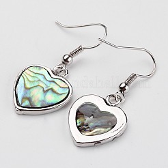 Heart Platinum Tone Brass Natural Paua Shell Dangle Earrings&nbsp;EJEW-M060-09