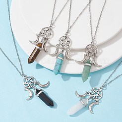 天然と合成の混合宝石の弾丸ペンダントネックレス  合金ムーン＆スター編み込みネットネックレス  17.52インチ（44.5cm）&nbsp;NJEW-JN04513