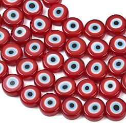 手作りのナザールボンジュウのランプワークビーズ  フラットラウンド  レッド  11.5~12.5x5.5~5.8mm  穴：1.4mm  約32個/連  14.17インチ（36cm）&nbsp;LAMP-C028-02C