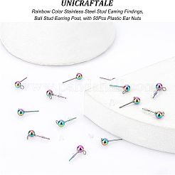 レインボーカラーのステンレススチールスタッドピアス金具50個  丸玉スタッドピアスポスト  50個のプラスチック製イヤーナット付き  15x6x3mm  穴：1.2mm  ピン：0.6mm&nbsp;STAS-UN0037-07A