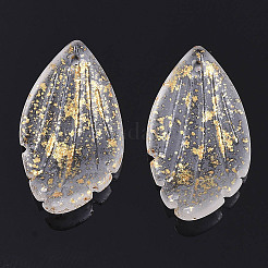 透明スプレー塗装ガラスペンダント  グリッターパウダー付き  艶消し  葉  透明  22.5x12.5x4.5mm  穴：1mm&nbsp;GLAA-T017-03A-A07