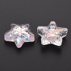 半透明のアクリルカボション  スパンコール入り  スター  ピンク  24.5x24.5x8mm&nbsp;LS-X-TACR-N006-45