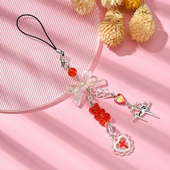 アクリル携帯ストラップ  合金ペンダント付き  ハート＆スター  レッド  16.2cm&nbsp;HJEW-FZ00017-01
