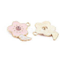 合金エナメルチャーム  ラインストーン付き  カドミウムフリー＆鉛フリー  ライトゴールド  花  ピンク  19x21.5x4mm  穴：2mm&nbsp;ENAM-S121-185