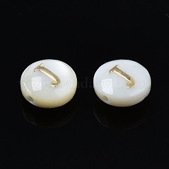 天然淡水シェルビーズ  金メッキ真鍮エッチング金属装飾付き  アルファベット付きフラットラウンド  貝殻色  文字.j  6x4mm  穴：0.8mm&nbsp;SHEL-S278-036J