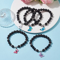 天然溶岩石と黒瑪瑙のラウンド ビーズ ストレッチ ブレスレット  蝶合金エナメルチャーム付き  ミックスカラー  内径：2-3/8インチ（5.9cm）&nbsp;BJEW-JB10010