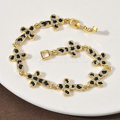 真鍮エナメルマイクロパヴェクリアキュービックジルコニアクロスリンクチェーンブレスレット（女性用）  ラックめっき  長持ちメッキ  カドミウムフリー＆鉛フリー  18KGP本金メッキ  7-5/8インチ（19.4cm）&nbsp;BJEW-G764-02G