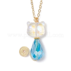 Glass Cat Shaped Pendant Brass Cable Chain Necklaces for Women&nbsp;NJEW-JN05274