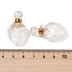 天然水晶ファセットティアドロップボトルペンダント  ロッククリスタルの開閉可能な香水瓶チャーム  金色の304ステンレススチール製金具付き  36.5x19x11mm  穴：1.8mm&nbsp;G-A225-02G-03