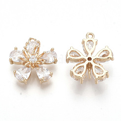 クリアガラスペンダント  ゴールデントーン真鍮パーツ  多面カット  花  透明  16x14.5x6mm  穴：1mm&nbsp;X-GLAA-R212-06D