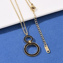 304 Stainless Steel Jet Rhinestone Double Rings Pendant Necklaces&nbsp;NJEW-V001-04G