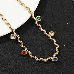 304 Stainless Steel Rope Chain Colorful Cubic Zirconia Tassel Necklaces for Women&nbsp;NJEW-V015-01G-A