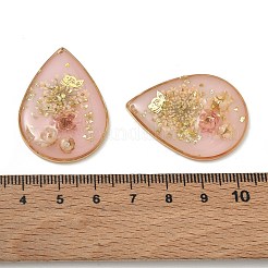 真鍮メッキ、透明エポキシ樹脂、ドライフラワーのペンダント  花と蝶の模様が入ったティアドロップ型のチャーム  グリッターパウダー付き  ピンク  35x25.5x5mm  穴：0.8mm&nbsp;RE-CBAA153-02B