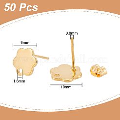 201ステンレススチール製フラワースタッドピアス金具（穴付き）50個、304ステンレススチール製ピン＆イヤーナット  24KGP本金メッキ  10x9mm  穴：1.6mm  ピン：0.8mm&nbsp;STAS-UN0047-02