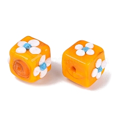手作りのでこぼこランプワークビーズ  花模様の立方体  オレンジ  12~13x14~16x14~16mm  穴：1~1.6mm&nbsp;LAMP-Q039-14B