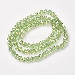電気メッキ透明ガラスビーズ連売り  フル虹メッキ  多面カット  ロンデル  淡緑色  3.5x3mm  穴：0.4mm  約123~127個/連  13.7~14.1インチ（35~36cm）&nbsp;EGLA-A034-T3mm-T08